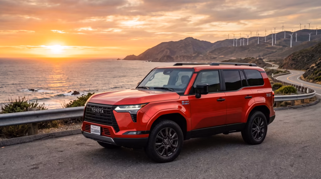Red 2026 Toyota RAV4 PHEV parked on a coastal highway overlooking the ocean during a golden sunset.