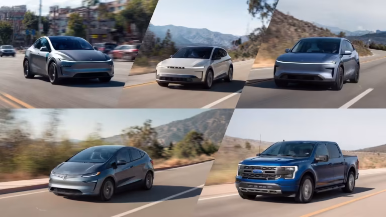All-electric vehicles collage featuring Tesla Model Y, Hyundai Ioniq 5, Rivian R1T, Lucid Air and other popular battery electric cars, SUVs and trucks