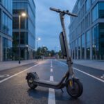Segway-Ninebot E45 electric scooter with external stem battery parked on a city cycle lane at twilight.