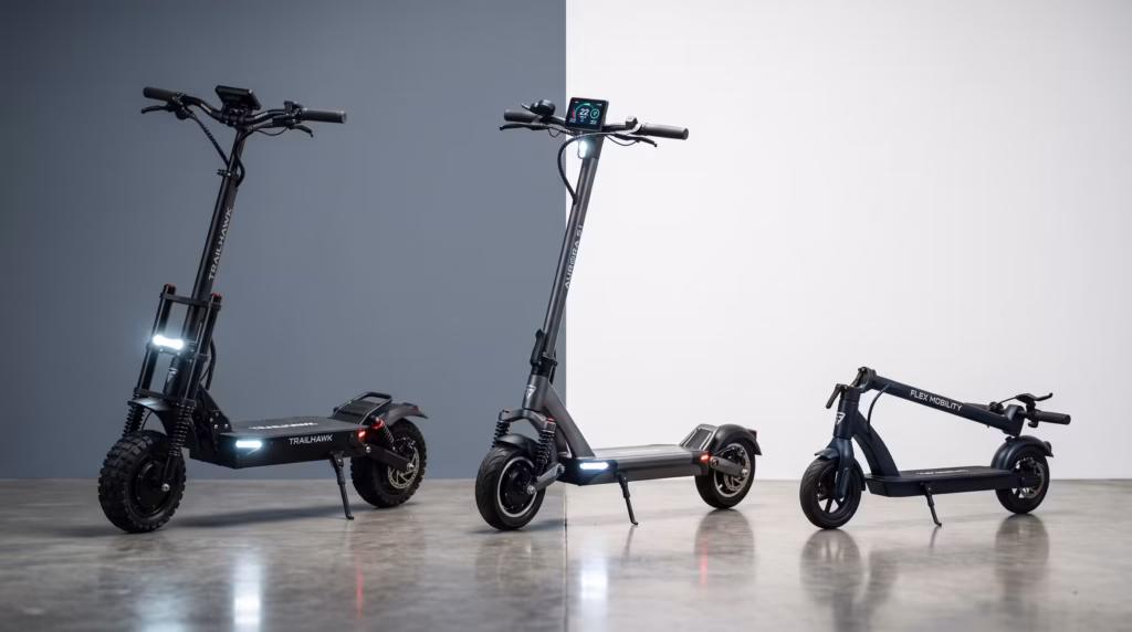 "A studio showcase of several modern electric scooters parked side-by-side against a split-tone gray and white background. The lineup includes a rugged all-terrain scooter with thick tires, a sleek commuter scooter with dual suspension, and a compact, folded budget scooter. The scooters are polished with illuminated LED daytime running lights, highlighting the textures of their decks, handlebars, and digital displays under soft, dramatic lighting."
