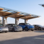 A diverse lineup of 2026 electric vehicles including an electric crossover, SUV, pickup truck, and luxury sedans parked at a modern fast-charging station.
