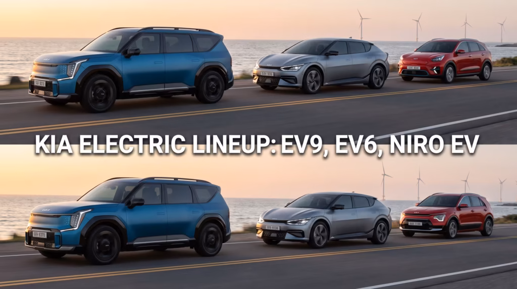 Kia electric auto lineup featuring EV9, EV6 and Niro EV all-electric models.
