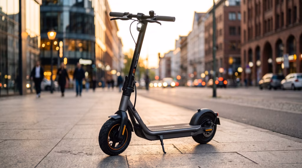 A crisp, full-body studio-style shot of the scooter parked on an urban pavement during golden hour. It beautifully sets a premium tone for an entry-level review and fits standard review thumbnail formats perfectly.