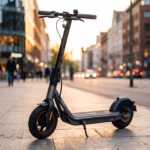 A crisp, full-body studio-style shot of the scooter parked on an urban pavement during golden hour. It beautifully sets a premium tone for an entry-level review and fits standard review thumbnail formats perfectly.
