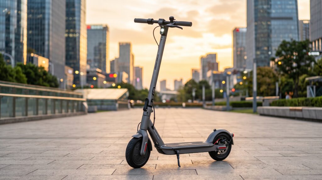 Dark gray Segway-Ninebot F25 electric scooter standing on its kickstand in an urban city plaza during golden hour sunset.