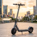 Dark gray Segway-Ninebot F25 electric scooter standing on its kickstand in an urban city plaza during golden hour sunset.