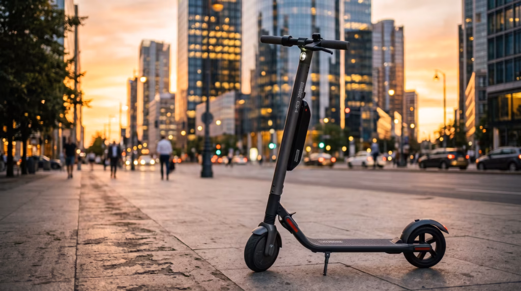 Segway Ninebot ES4 electric scooter parked on a city sidewalk during a golden sunset with tall buildings in the background.