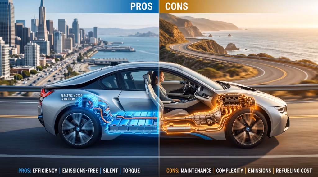 Hybrid cars pros and cons illustrated by a modern gasoline-electric hybrid vehicle designed for efficiency