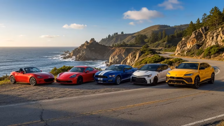 Sports cars featuring Mazda MX-5 Miata, Chevrolet Corvette, and Aston Martin for performance and driving thrills.