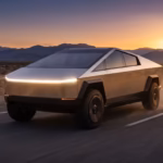 A dynamic, high-quality action shot of the Cybertruck speeding through a desert landscape at sunset perfectly sets a premium and exciting tone for the review.