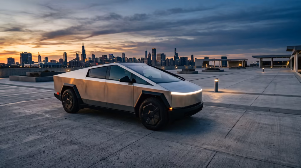 Stainless steel Tesla Cybertruck parked on a concrete plaza at dusk with a city skyline in the background.