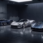 Three ultra-exclusive modern hypercars and luxury sports cars parked in a staggered formation inside a premium, dark minimalist collector's gallery with dramatic studio lighting.