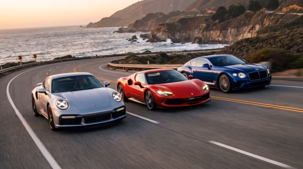 Three sport luxury cars—a silver Porsche 911, a red Ferrari 296, and a deep blue Bentley Continental GT—driving in formation along a winding coastal highway at sunset.