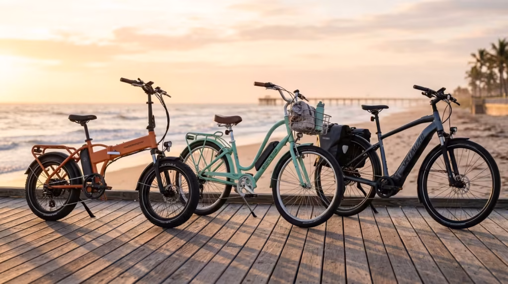 Three different styles of electric bikes, including a foldable model, a step-through cruiser, and a commuter bike, parked on a wooden boardwalk at sunset next to a beach.