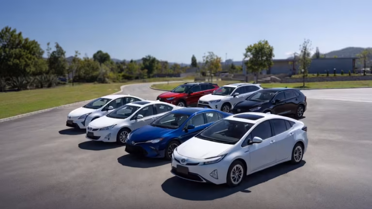 Toyota hybrid vehicles lineup featuring Prius, Camry Hybrid, RAV4 Hybrid, Highlander Hybrid and other efficient models.
