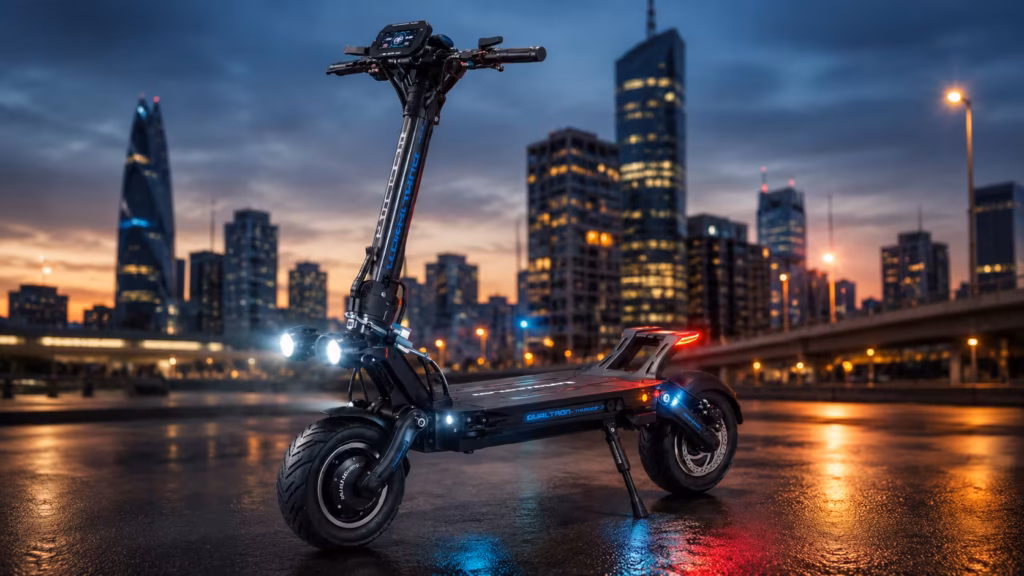 A Dualtron Thunder 3 electric scooter parked on a city street at dusk, showcasing its glowing blue and red LED deck lights, wide 11-inch tires, and tall structural stem against a backdrop of illuminated modern skyscrapers.