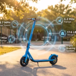 Blue Segway-Ninebot Zing E8 kids electric scooter parked on a paved path with digital graphics highlighting its top speed, range, weight, and braking system.