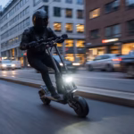 Fast electric scooter 30mph with dual suspension riding through city streets at dusk with motion blur.