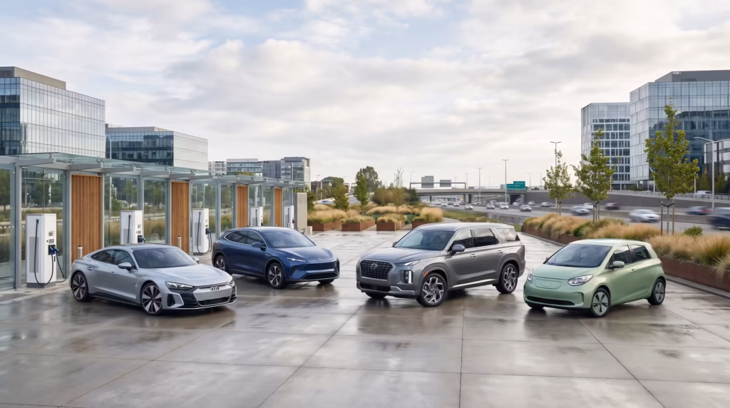 Best fully electric cars of 2026 charging at a modern EV station with city and motorway scenery in the background.