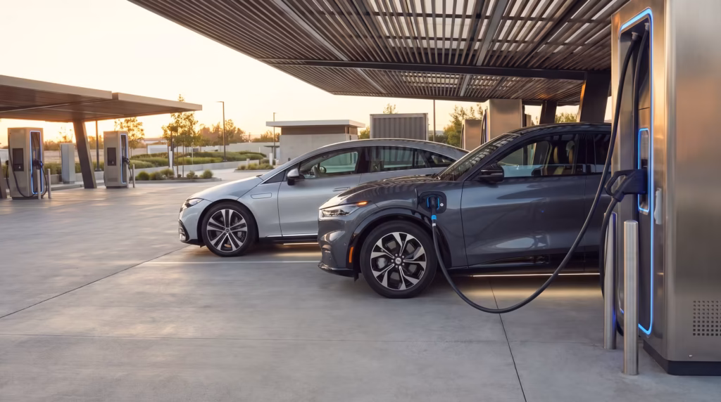 Electric cars brands lineup at a modern EV charging station