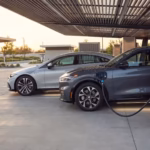 Electric cars brands lineup at a modern EV charging station
