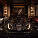 Sport cars expensive performance vehicles displayed in a premium house, featuring a sports coupe, supercar, and hypercar.