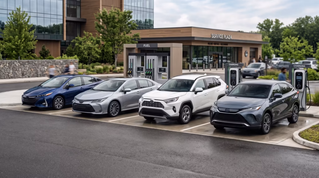 Best hybrid vehicles of 2026 including a hatchback, sedan, and compact SUVs parked at a modern automotive plaza featuring fuel pumps and electric chargers.