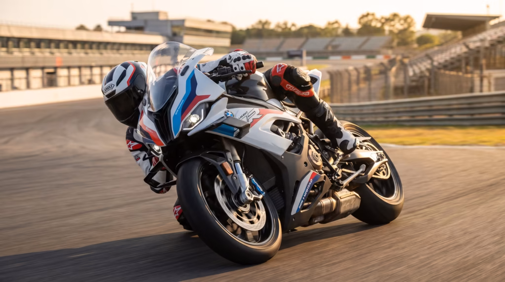 BMW sportbike S 1000 RR cornering on a racetrac