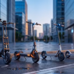 Xiaomi Mi Electric Scooter lineup featuring the 6 Ultra, 5 Max, 4 Pro, and Scooter 3 arranged in a row on a modern city street at dusk.